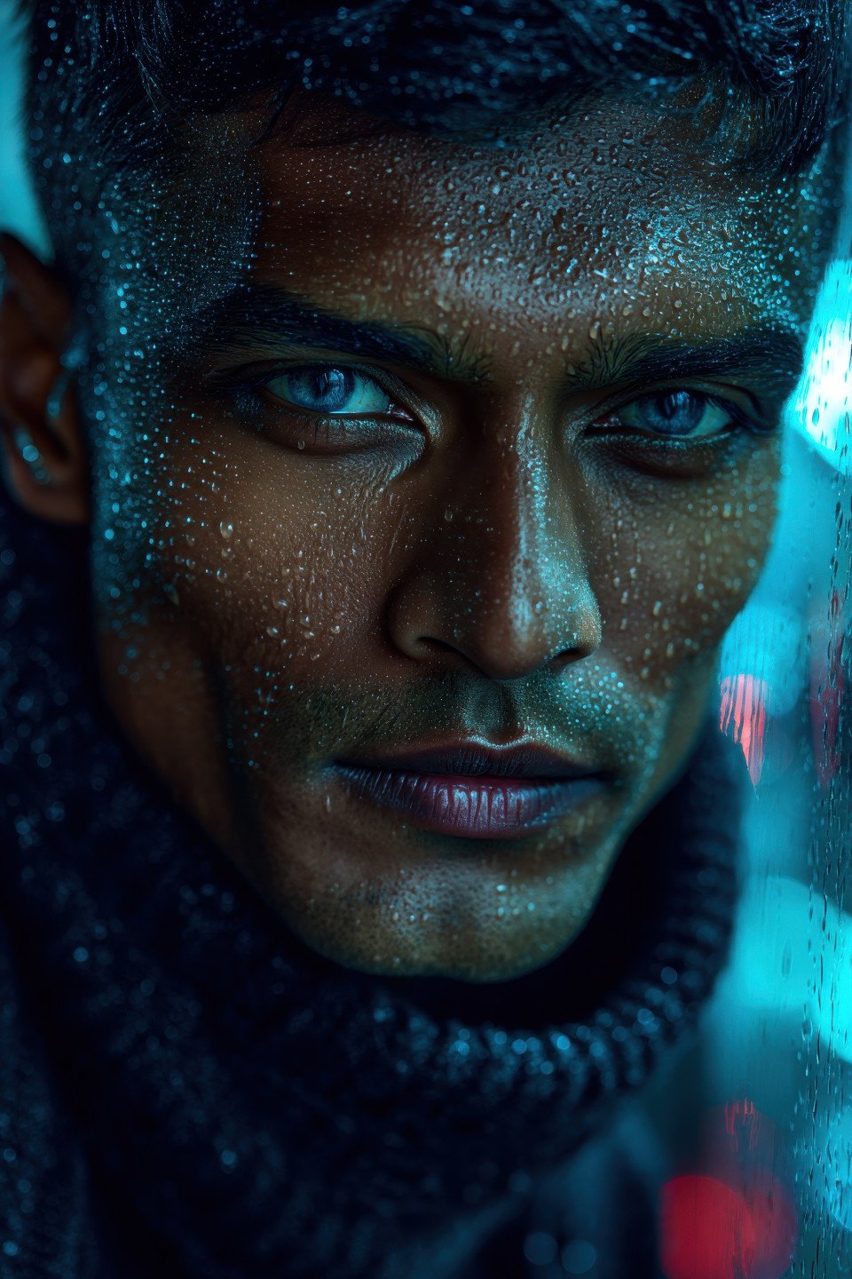 Young man with blue eyes leans on rainy window with blurred city lights