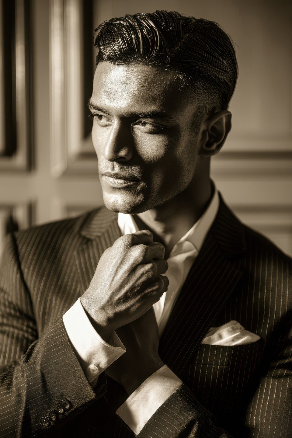 Refined man in pinstripe suit adjusts cufflinks under soft light in vintage office room