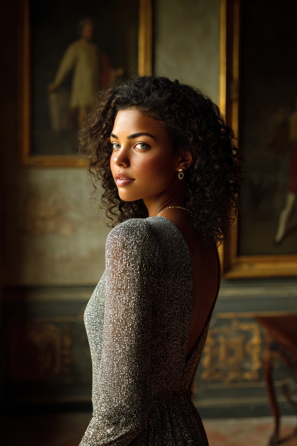Woman in textured dress stands gracefully in antique room with dramatic shadows