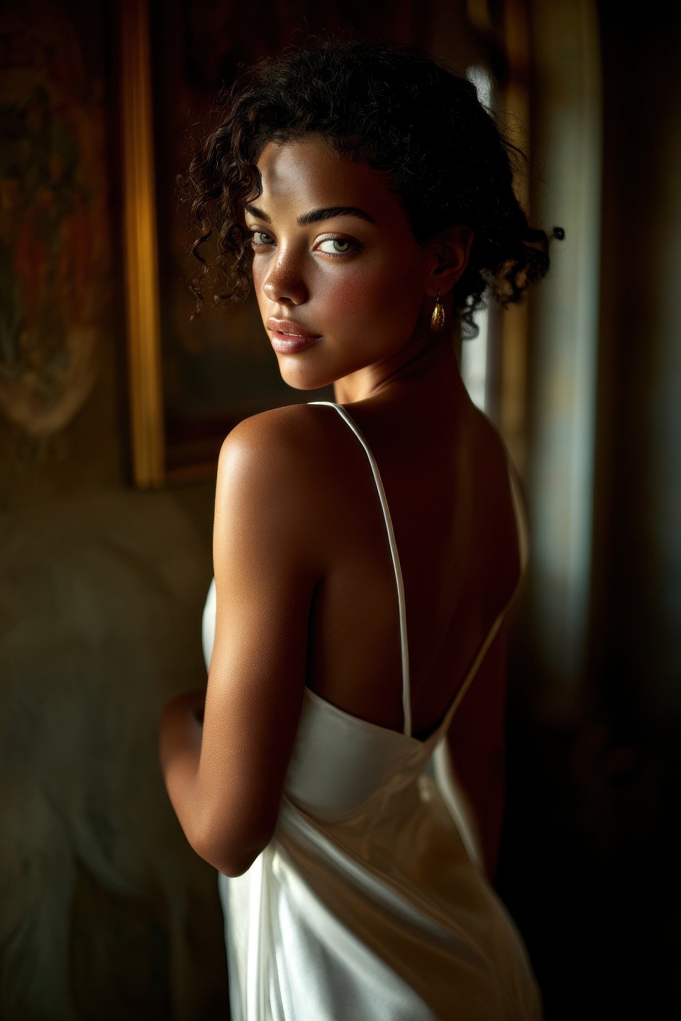Woman in white silk gown gazes inward in antique room