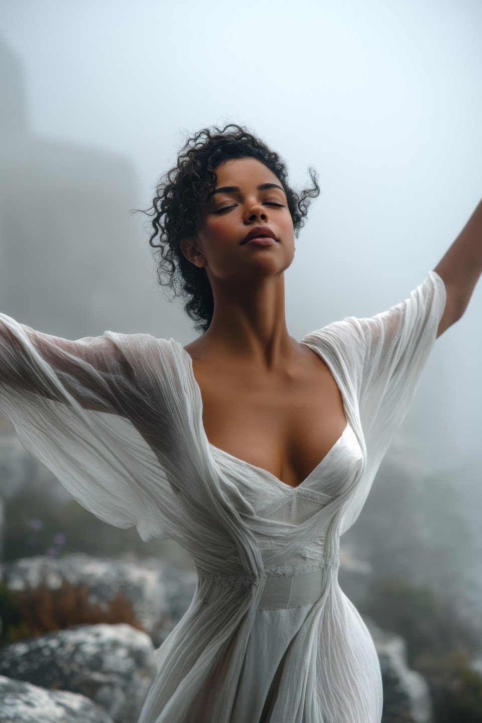 Serene woman in silk gown with arms raised stands in misty rocky landscape