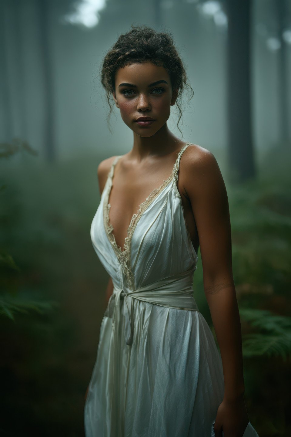 Woman in silk gown stands in misty forest clearing