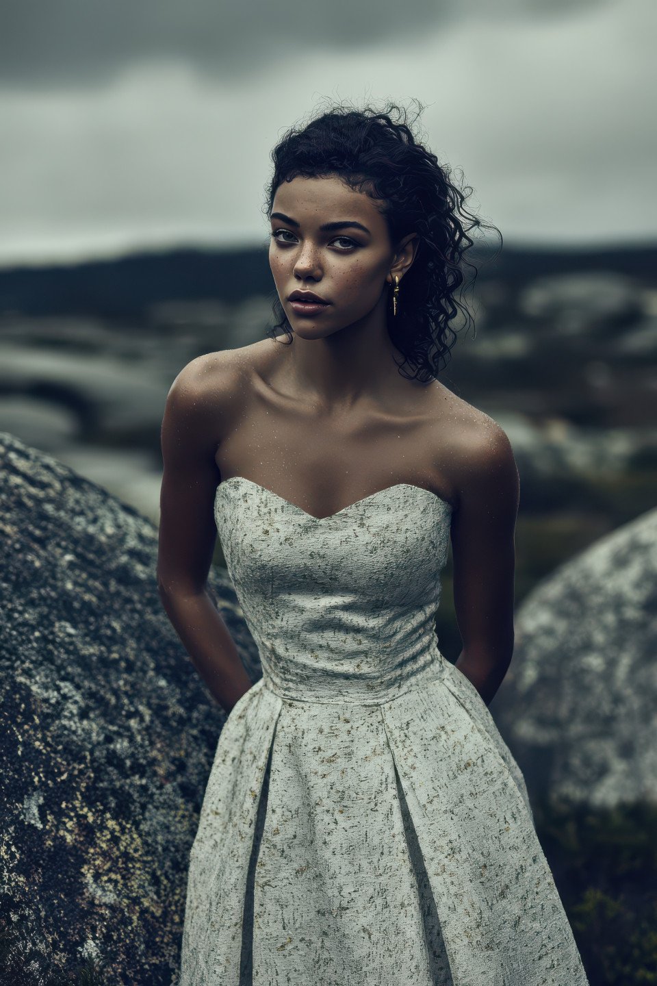 Graceful woman in textured dress stands in rocky landscape with deep shadows