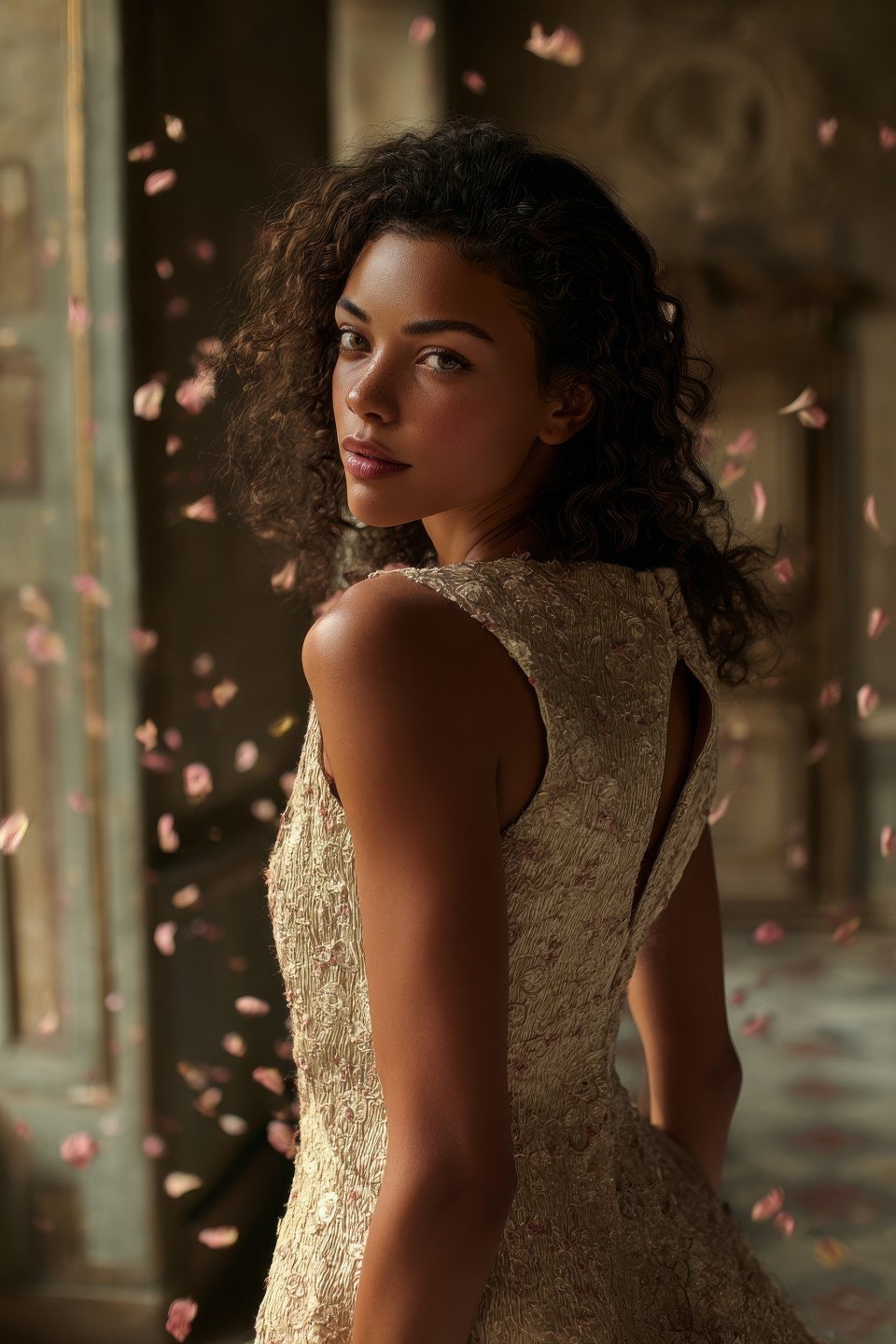 Woman in textured dress stands turned away in antique room with falling petals