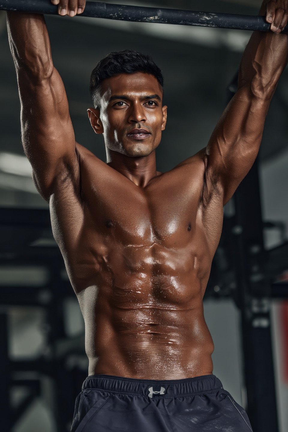 Man takes deep breath mid pull up in gym