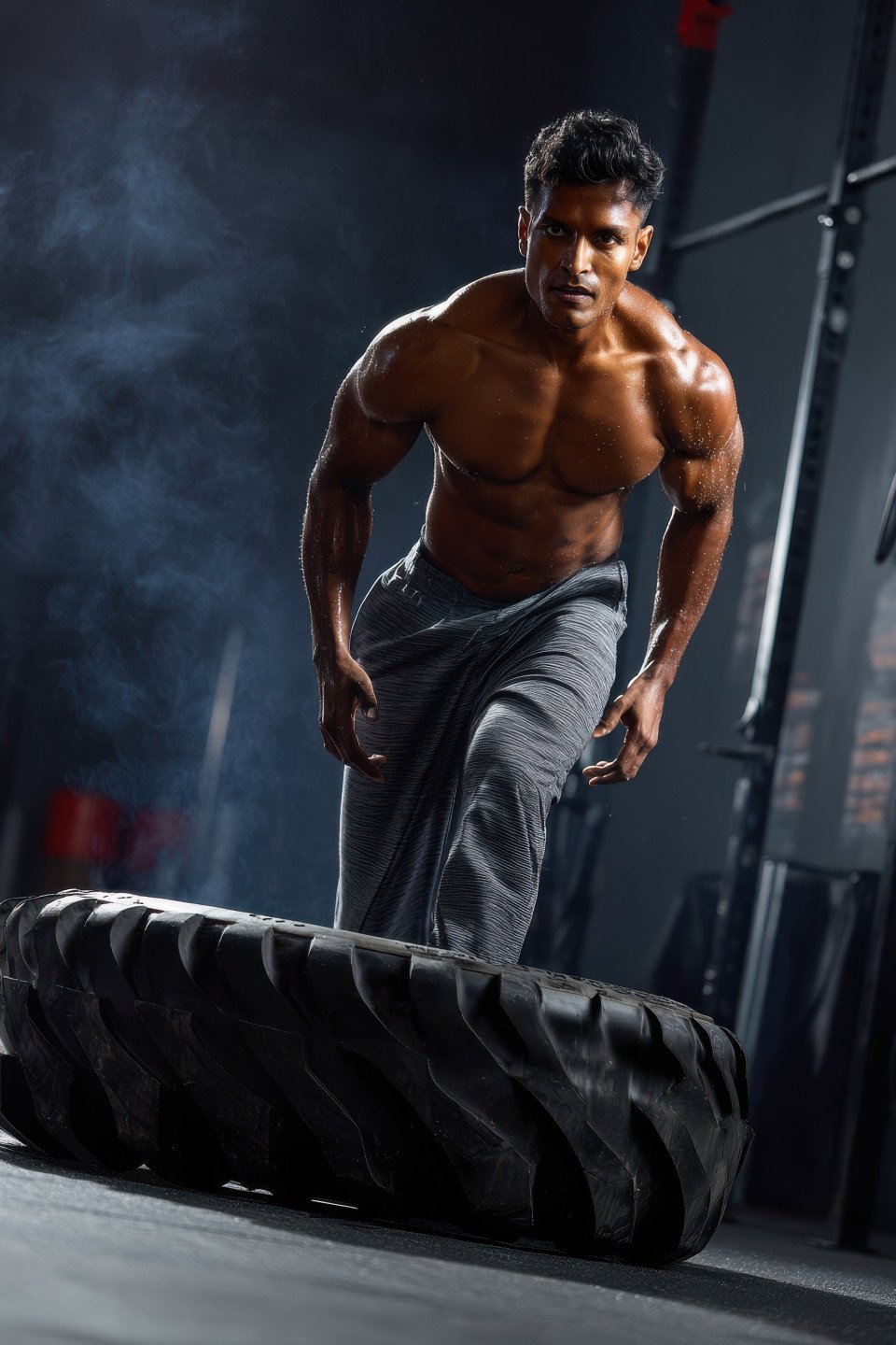 Focused man lifts heavy tire in gritty gym light