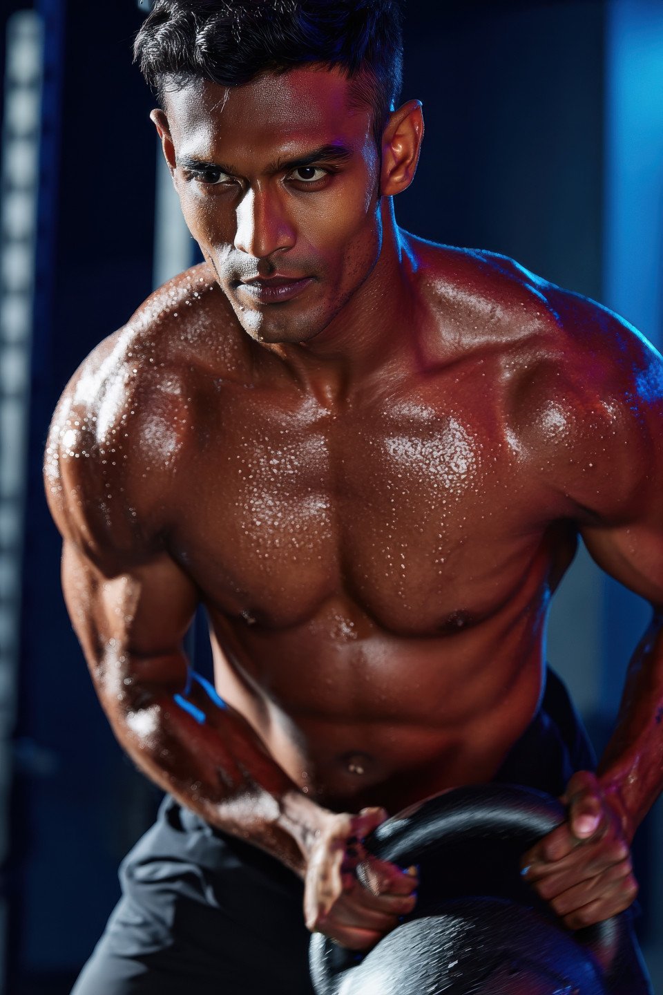Muscular man mid kettlebell swing in dramatic gym light