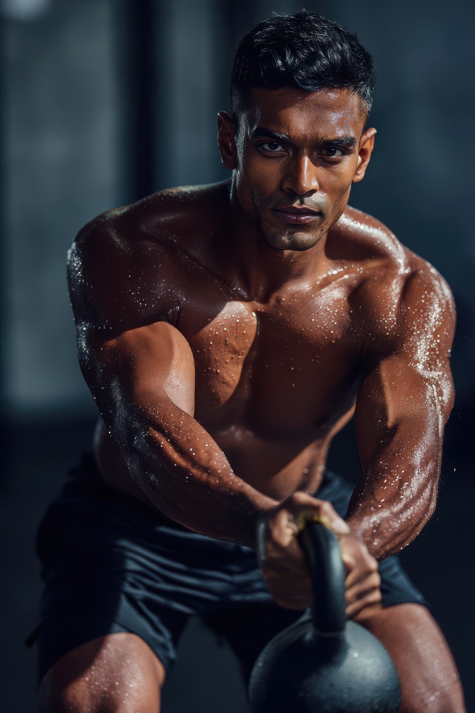 Focused man swinging kettlebell mid workout in gym