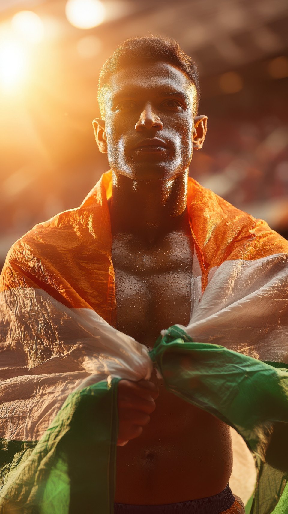 Indian athlete with flag on shoulders in stadium at sunset