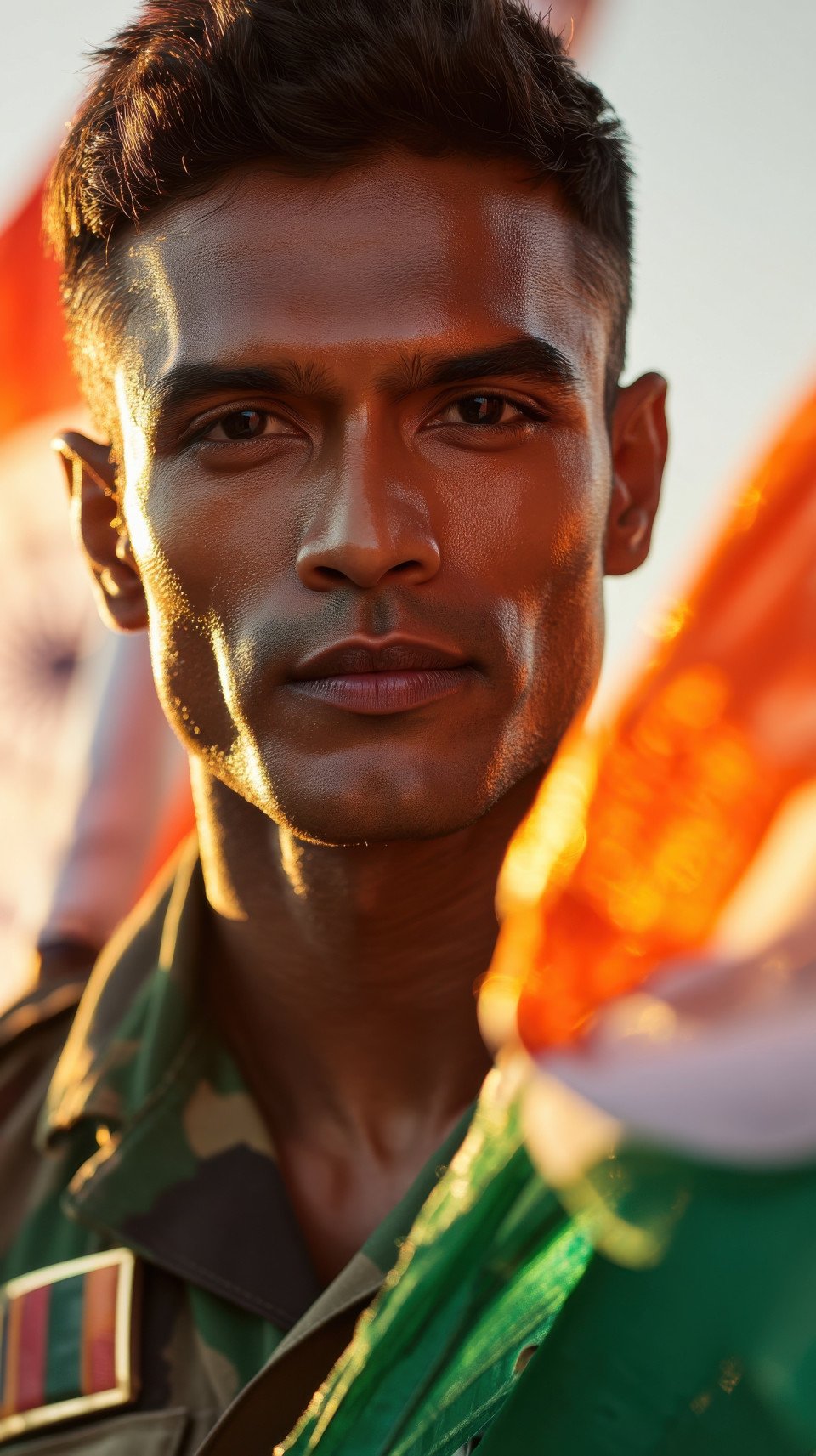 Army cadet with large waving flag at red fort during golden hour