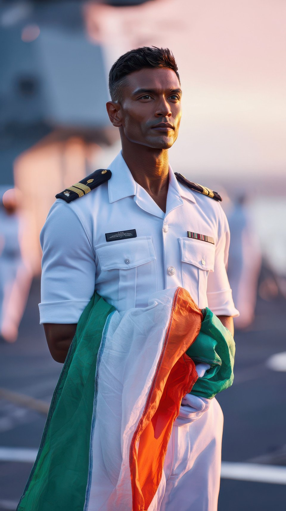 Navy officer holds folded flag at dawn on ship deck