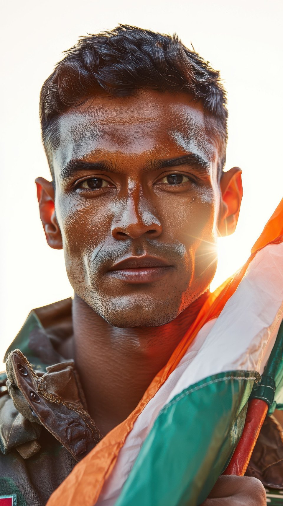 Indian soldier holds fluttering flag near india gate at sunrise