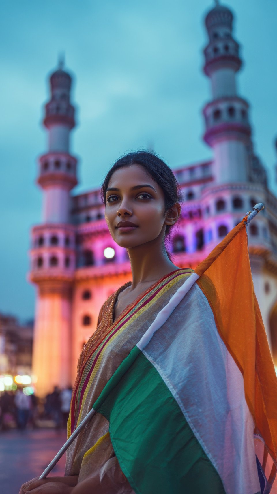 Indian woman with flag trailing in wind at charminar dusk