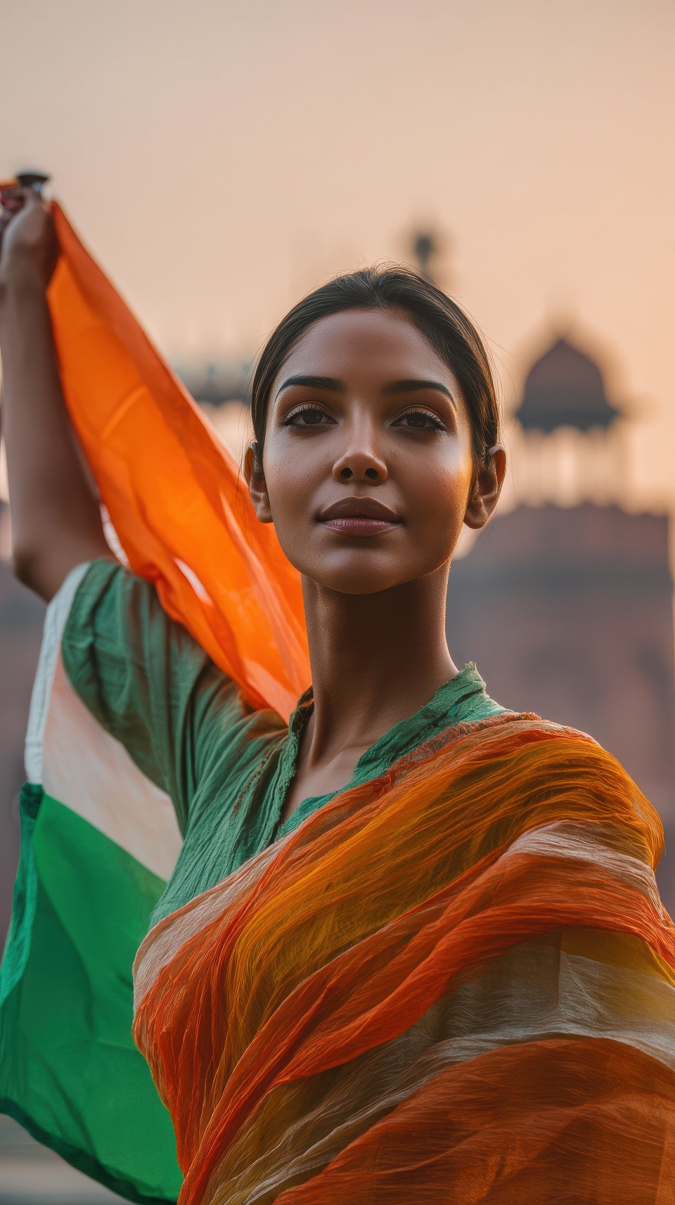 Indian woman raising flag above head at red fort sunrise with misty glow. independence day