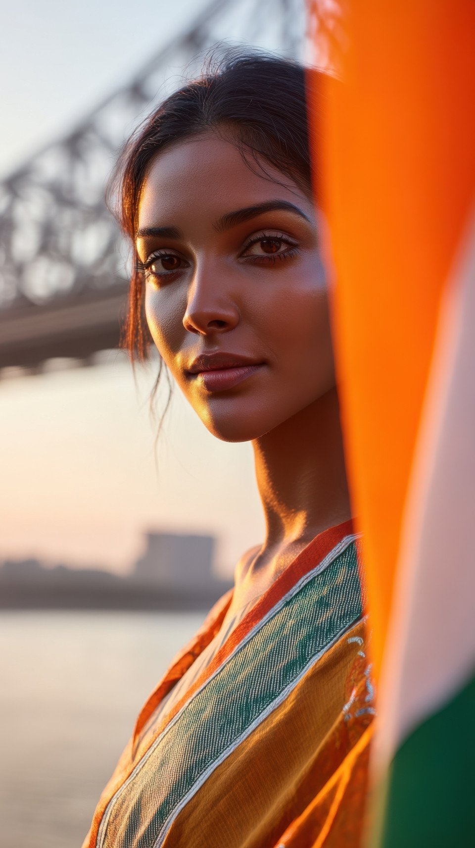 Indian woman with diagonal flowing flag near howrah bridge at early light. independence day