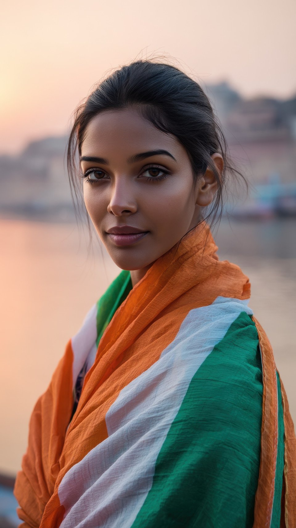 Indian woman in flag cape on varanasi rooftop at sunrise with river glow. independence day