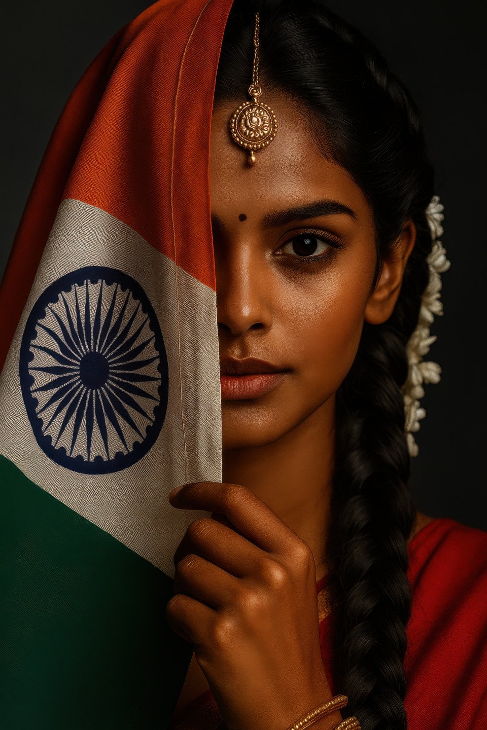 Calm indian woman with jasmine braid