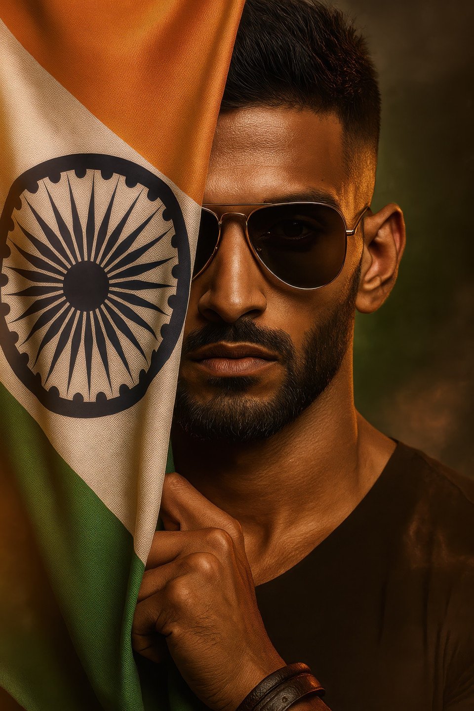 Young indian man with flag covering half his face