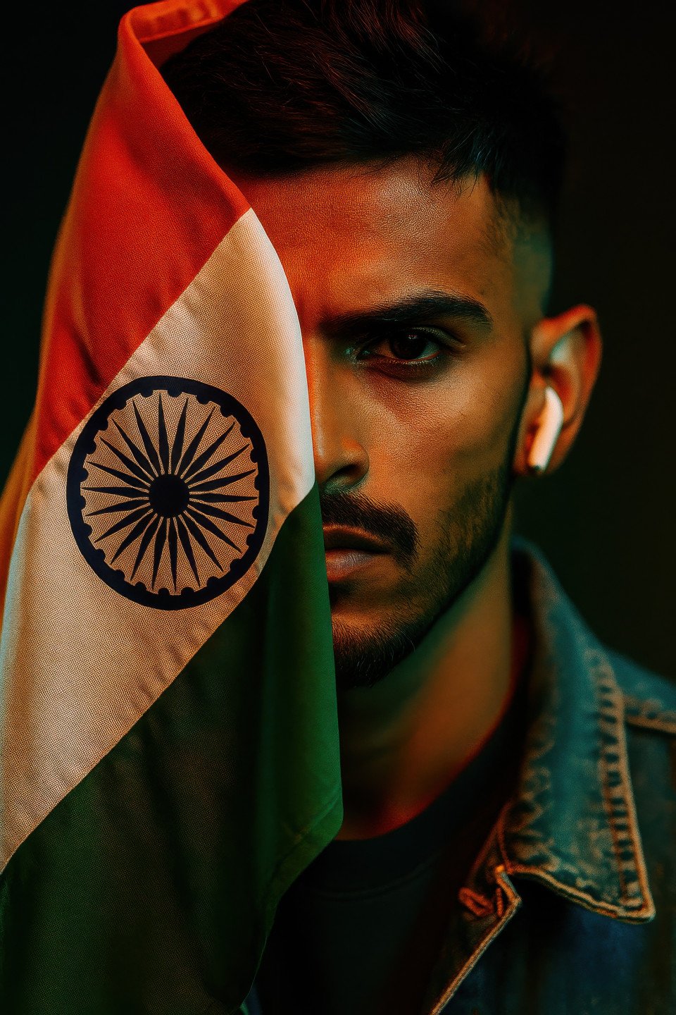 Indian man with fierce eyes wrapped in flag