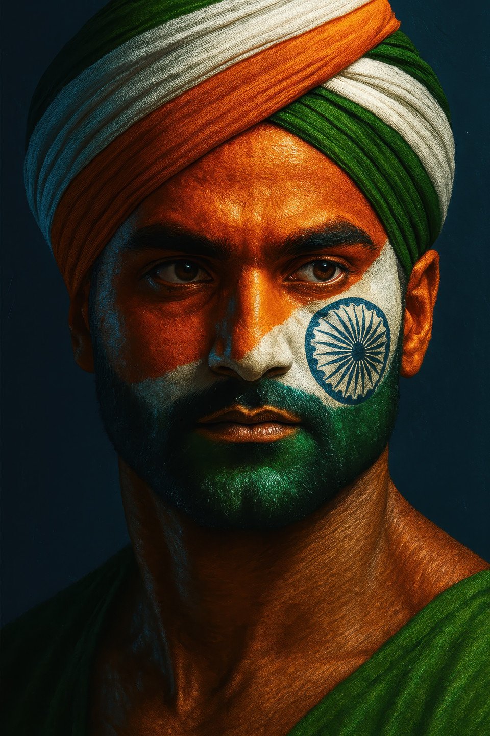 Sikh man with bold flag paint and ashoka chakra on cheek