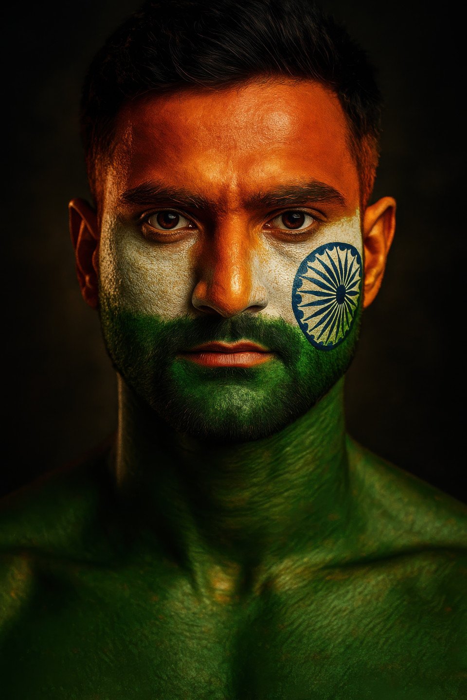 Young man in bold flag colors with cobalt chakra on cheek