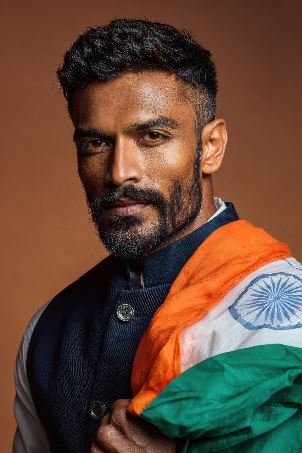 Indian man in nehru jacket holds folded flag on arm