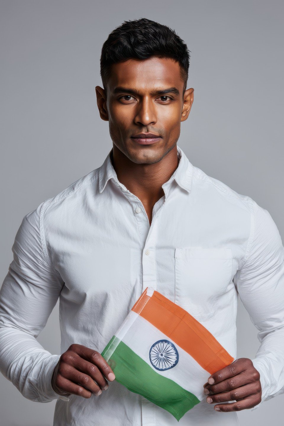 Indian man in white shirt holds folded flag in hands