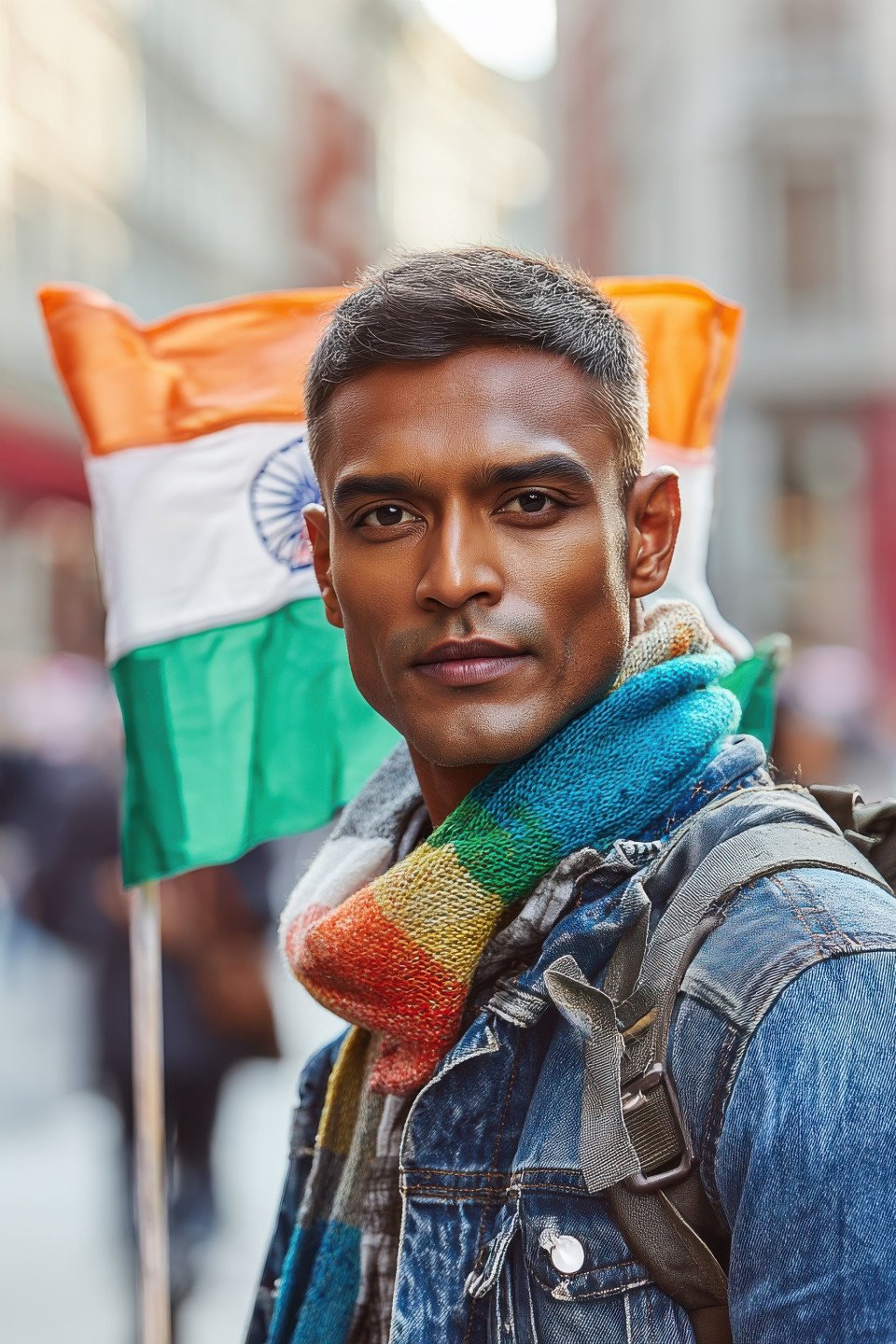 Indian man with scarf in market street holds waving flag in backpack