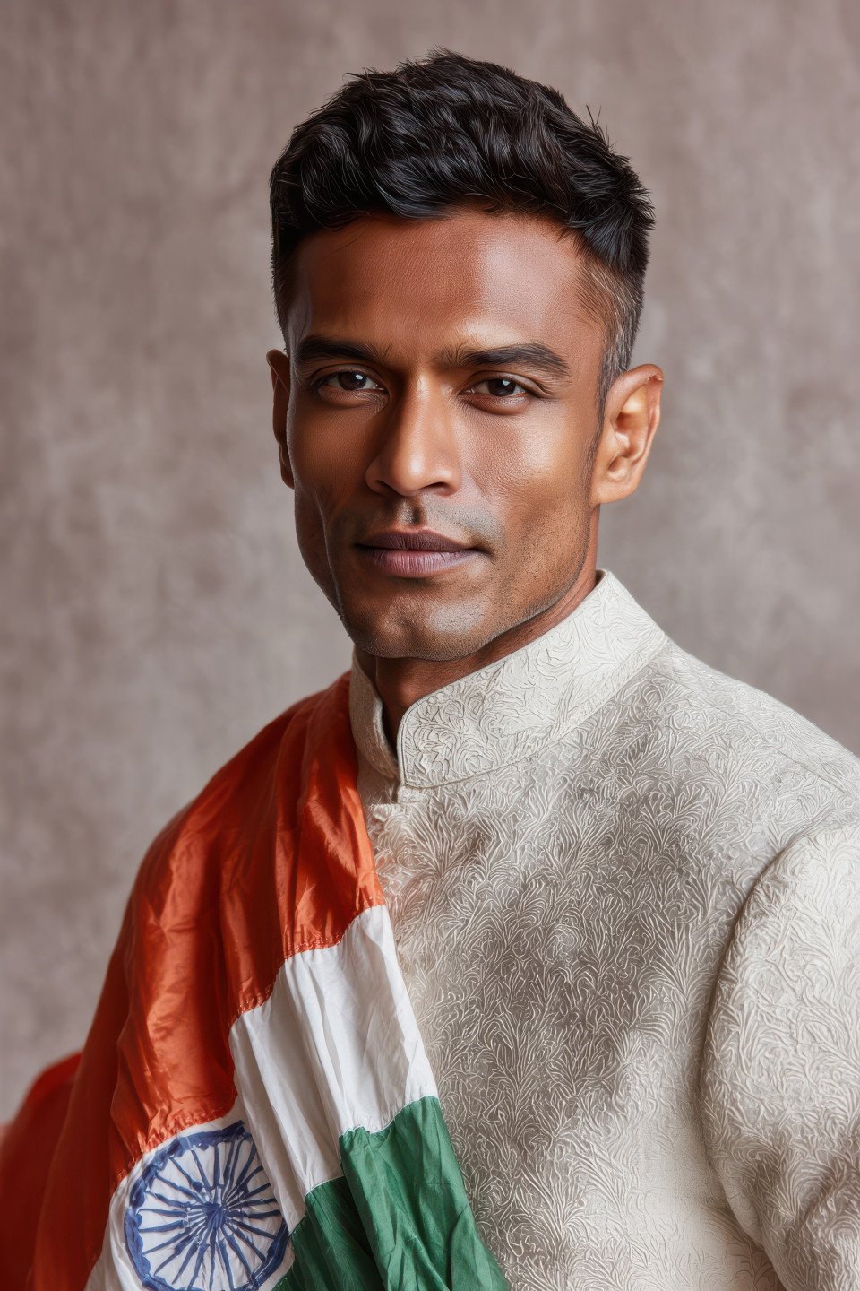 Indian man in sherwani with turban holds folded flag on arm