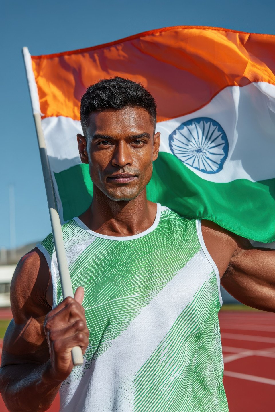 Fit indian athlete waves tricolor above head on track