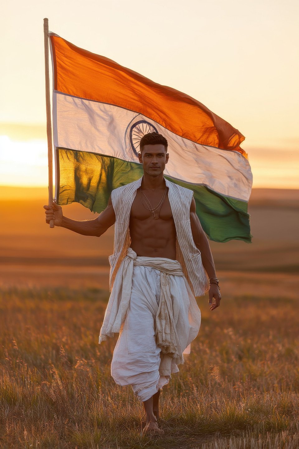 Young indian man in dhoti lifts waving flag at sunset in rural field