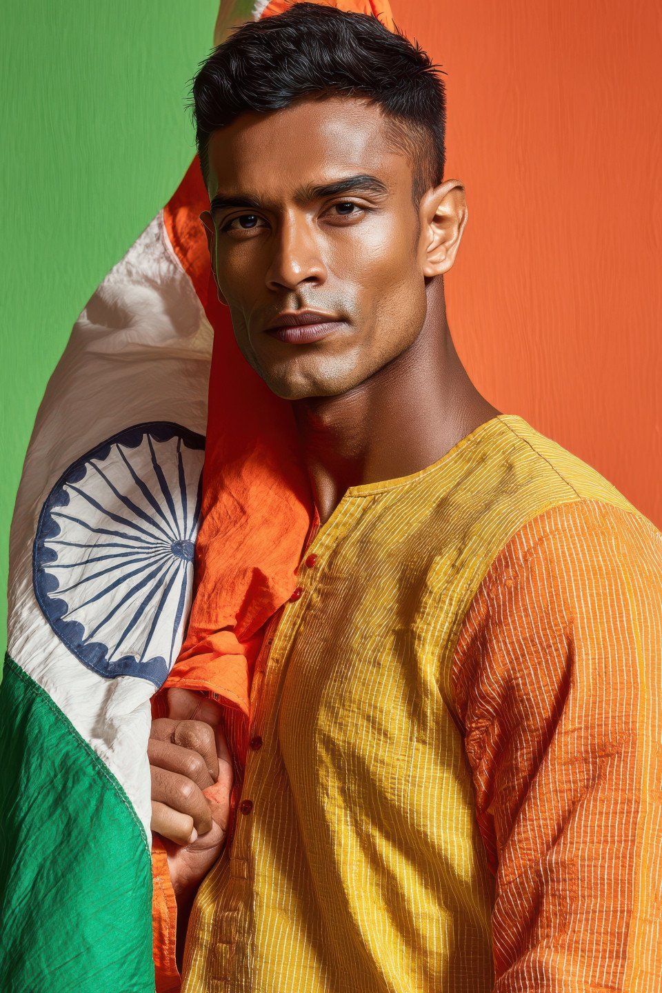 Stylish indian man in designer kurta wraps tricolor over shoulders