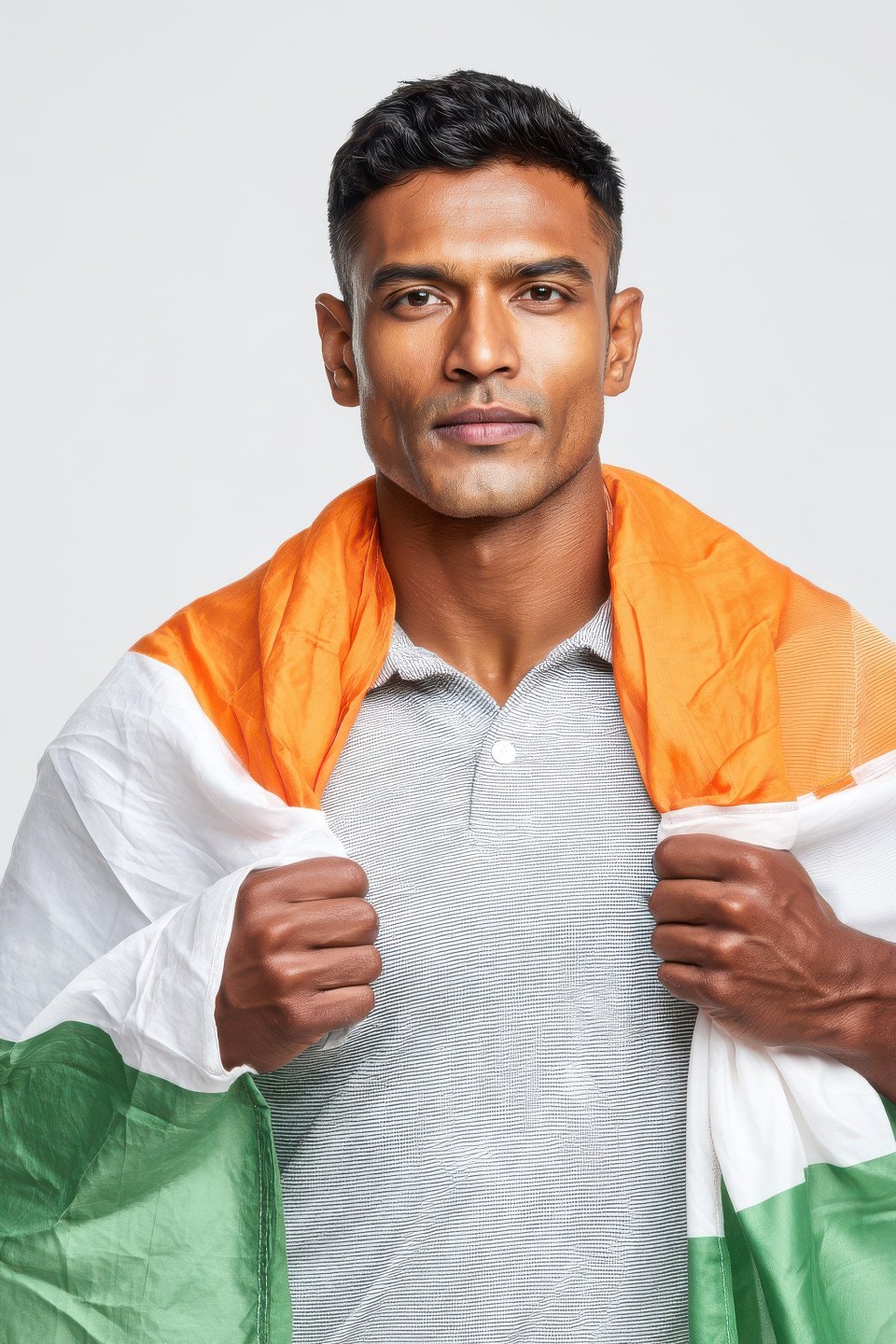 Confident indian man in grey polo holding unfurled flag across shoulders