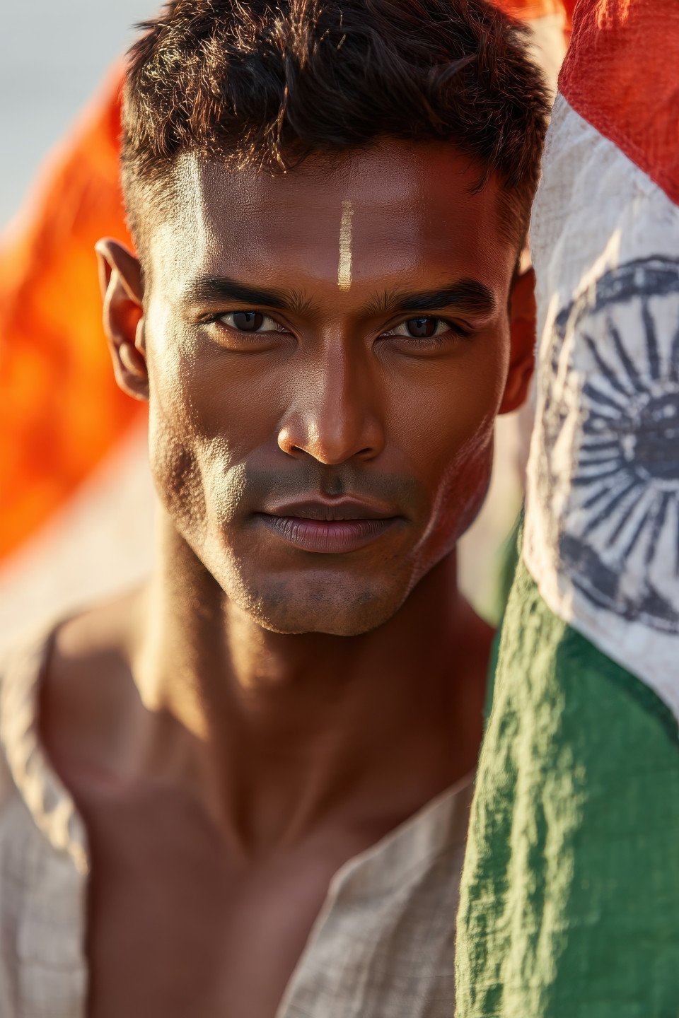 Indian man with tilak in khadi kurta lifts waving flag