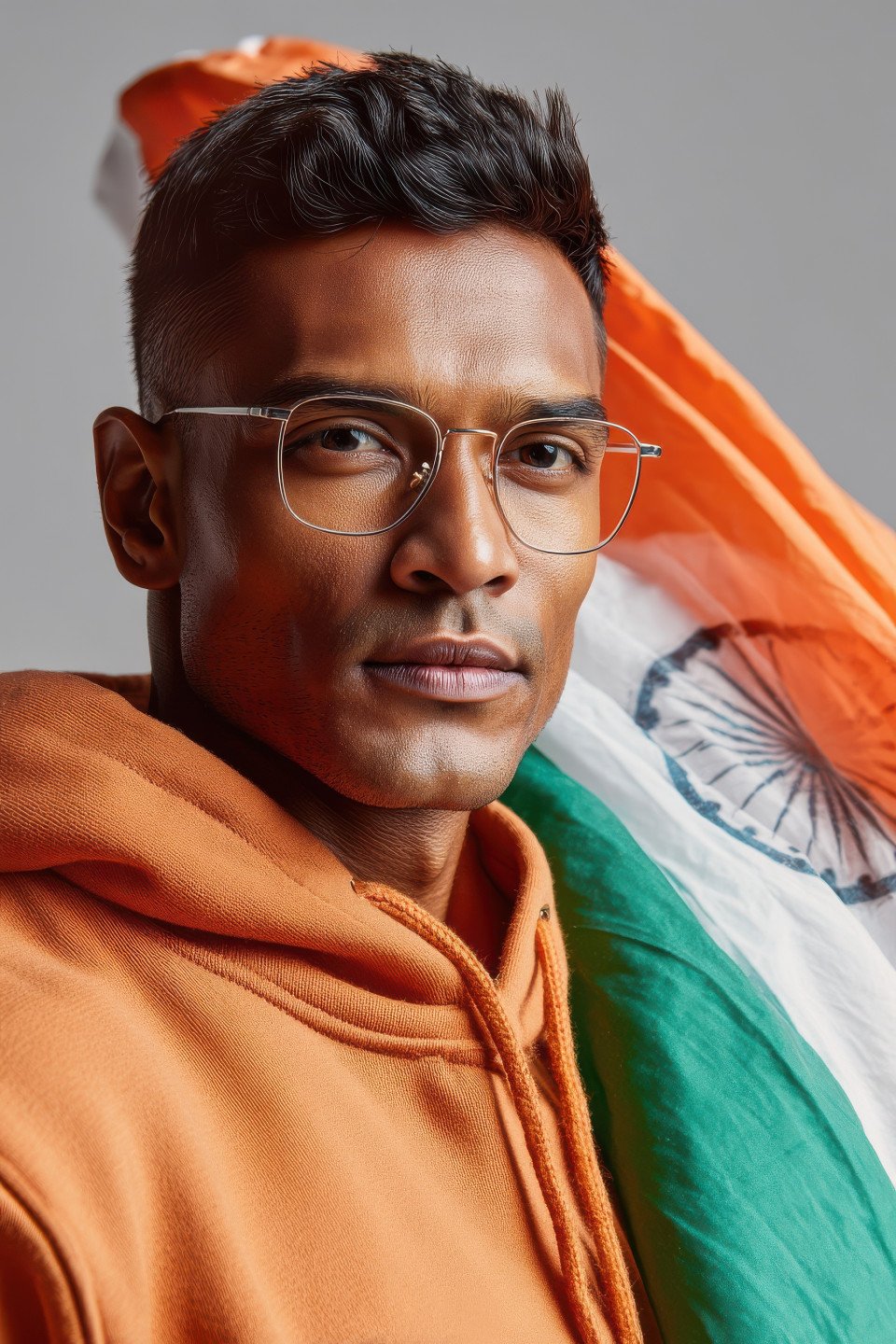 Thoughtful indian man in saffron hoodie with digital india map holds waving flag across chest. patriotic photography prompt