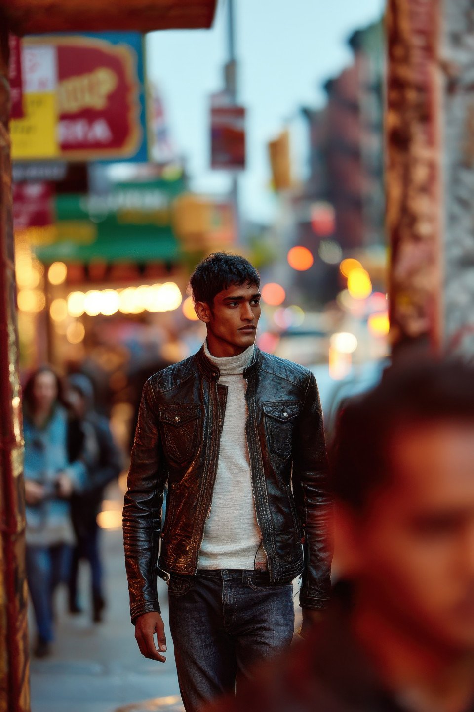 Man in leather jacket and turtleneck walks brooklyn street at dusk
