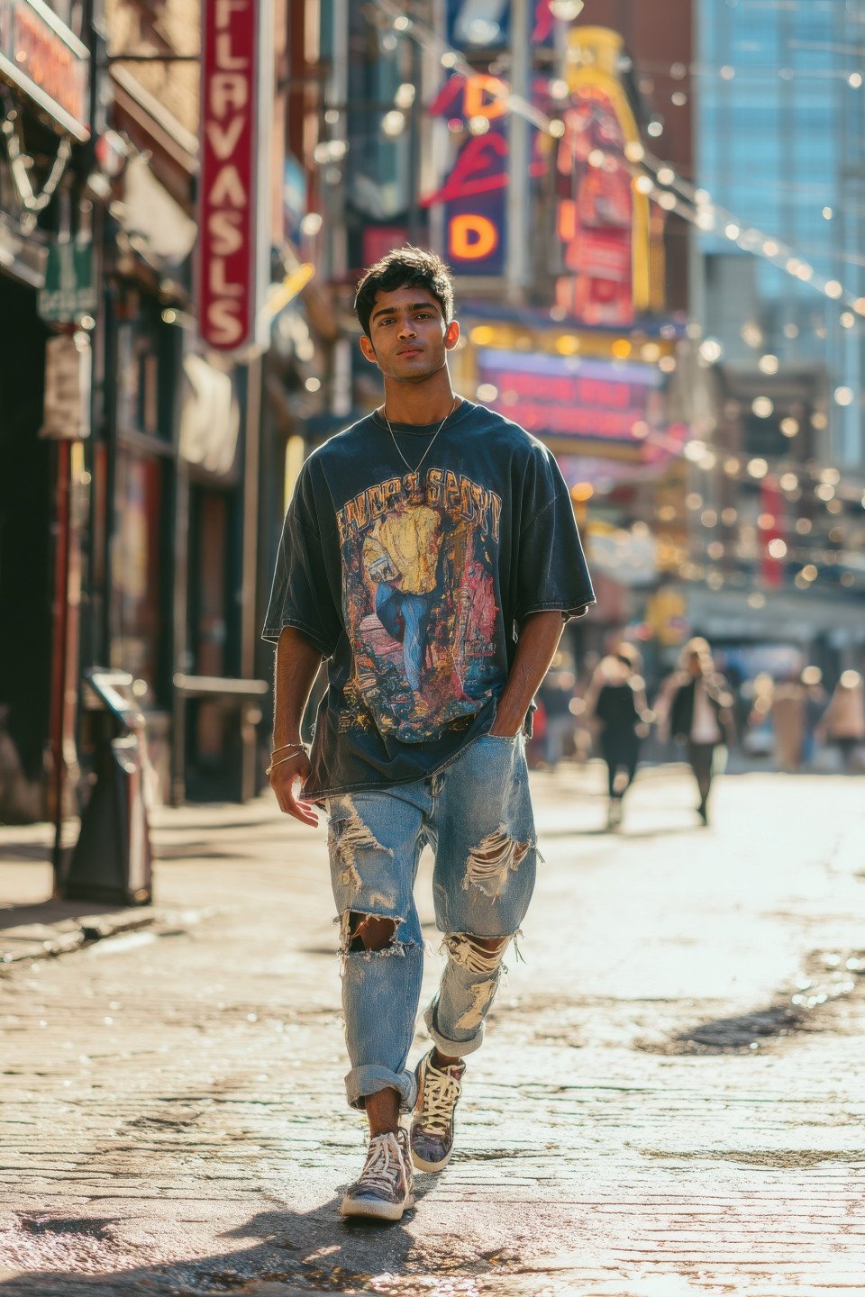 Young man in graphic tee and ripped jeans walks detroit street
