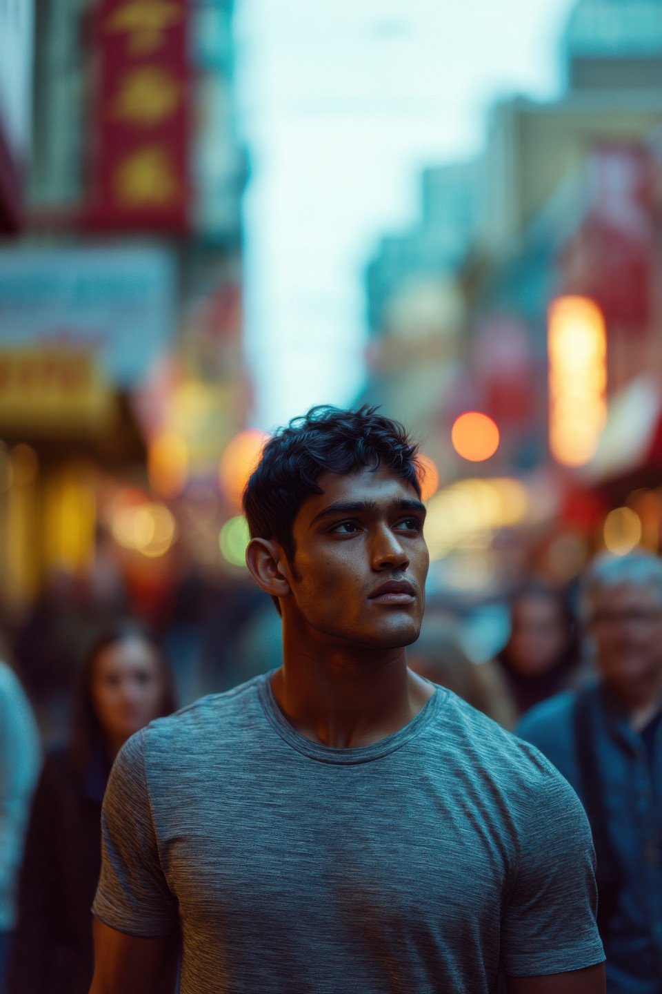 Indian man in streetwear walks twilight lit seattle street