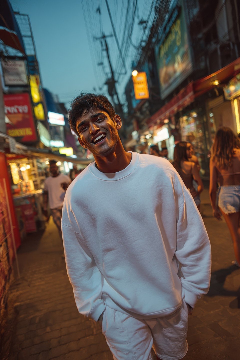 Man in oversized sweatshirt walks phoenix street at twilight