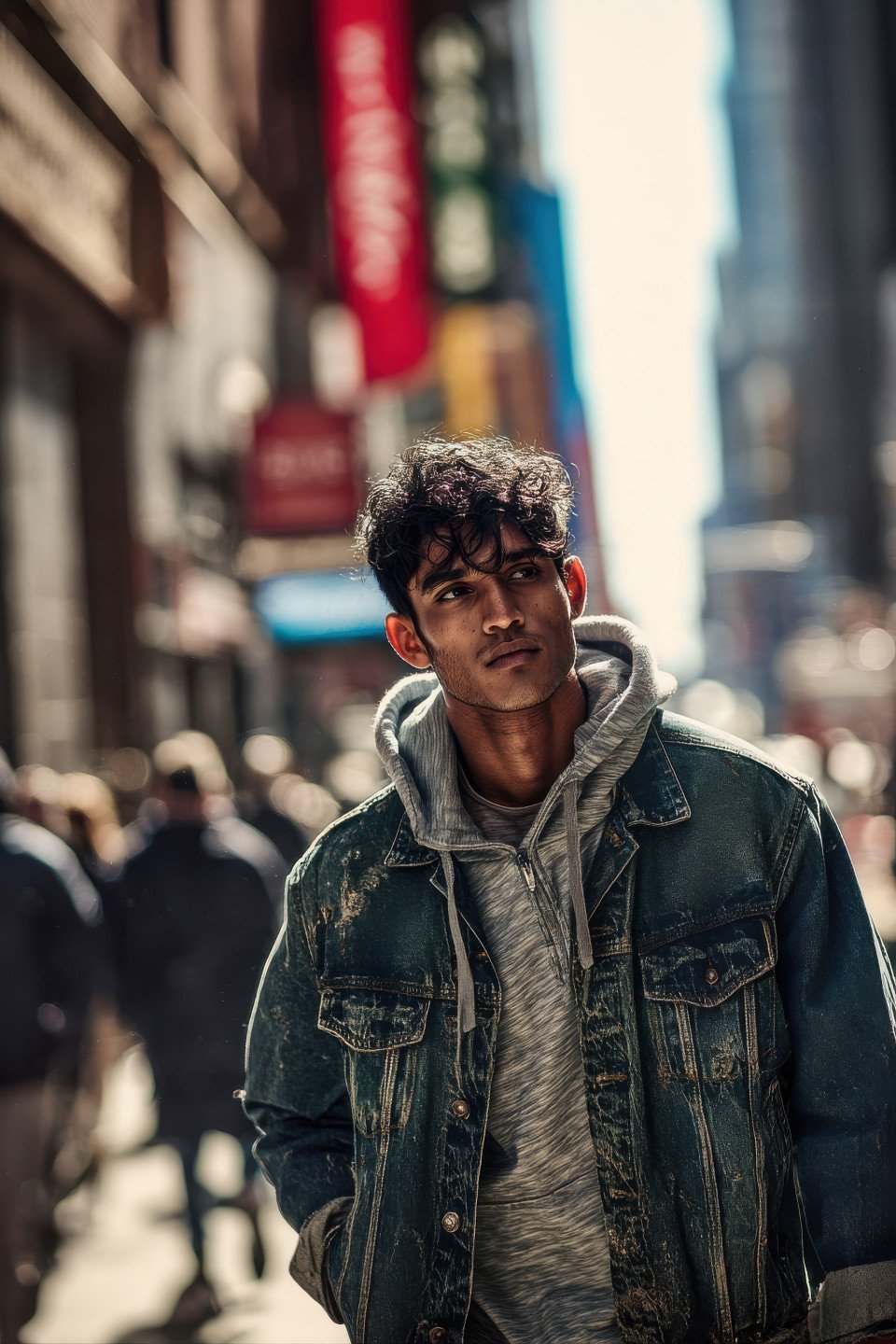 Young man in denim jacket walks nyc street mid motion