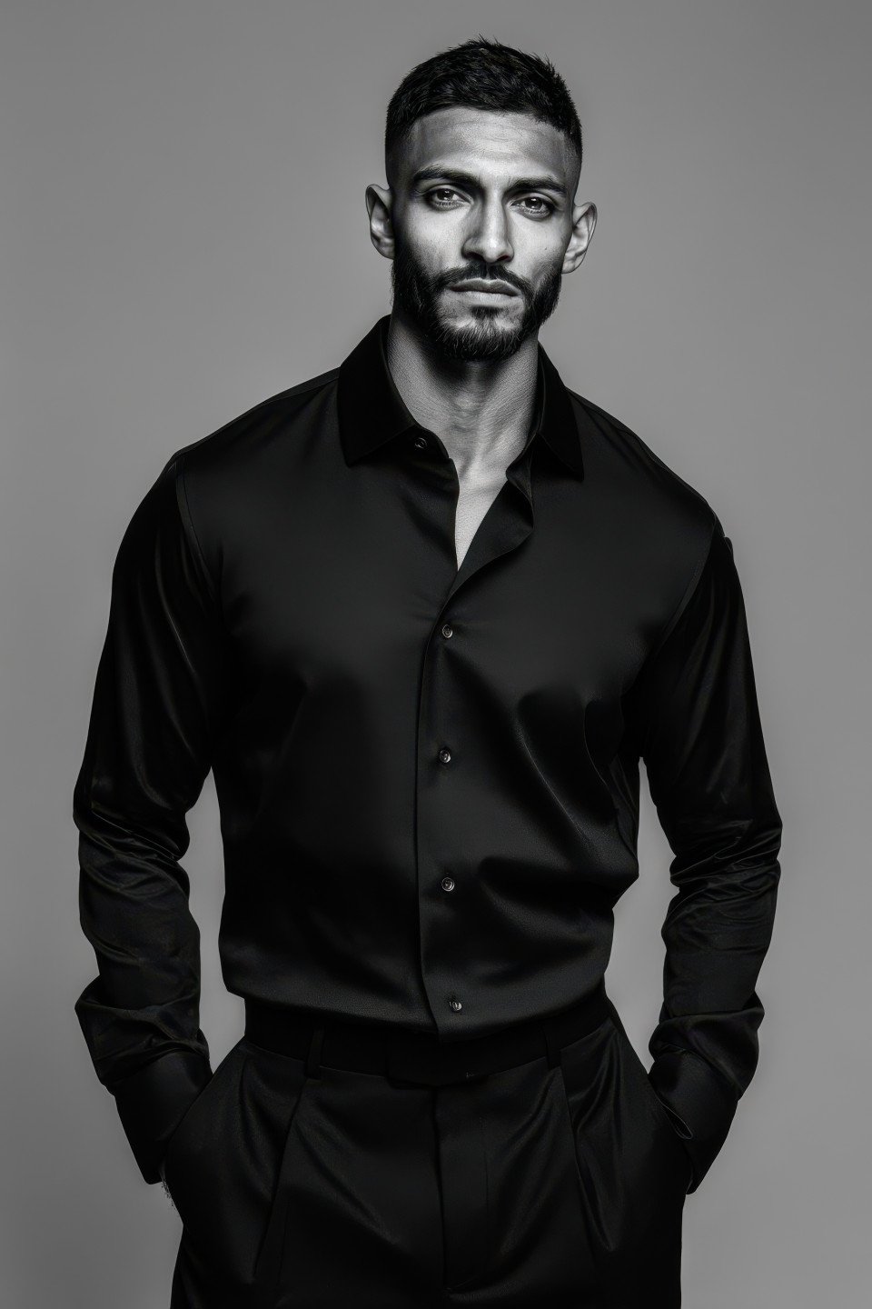 Male model in black shirt and trousers looks straight ahead