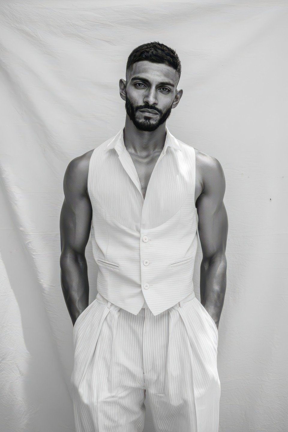 Androgynous model in white vest stands still