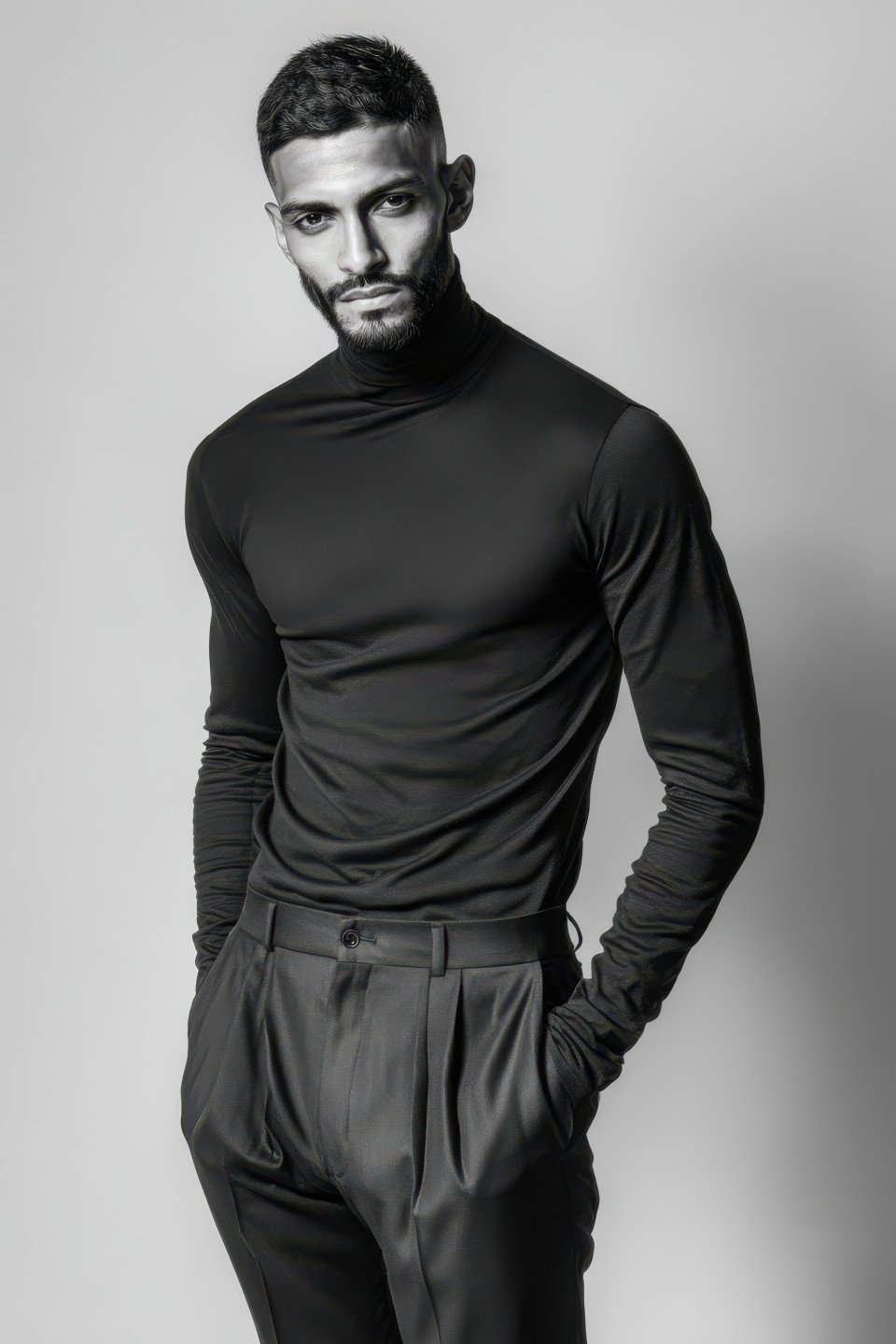Male model in black turtleneck stands tall on white backdrop