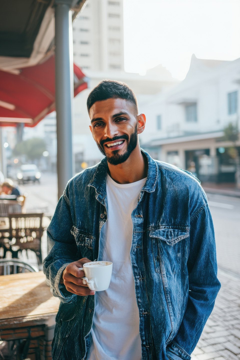 Smiling man in denim jacket holds coffee mug at café table