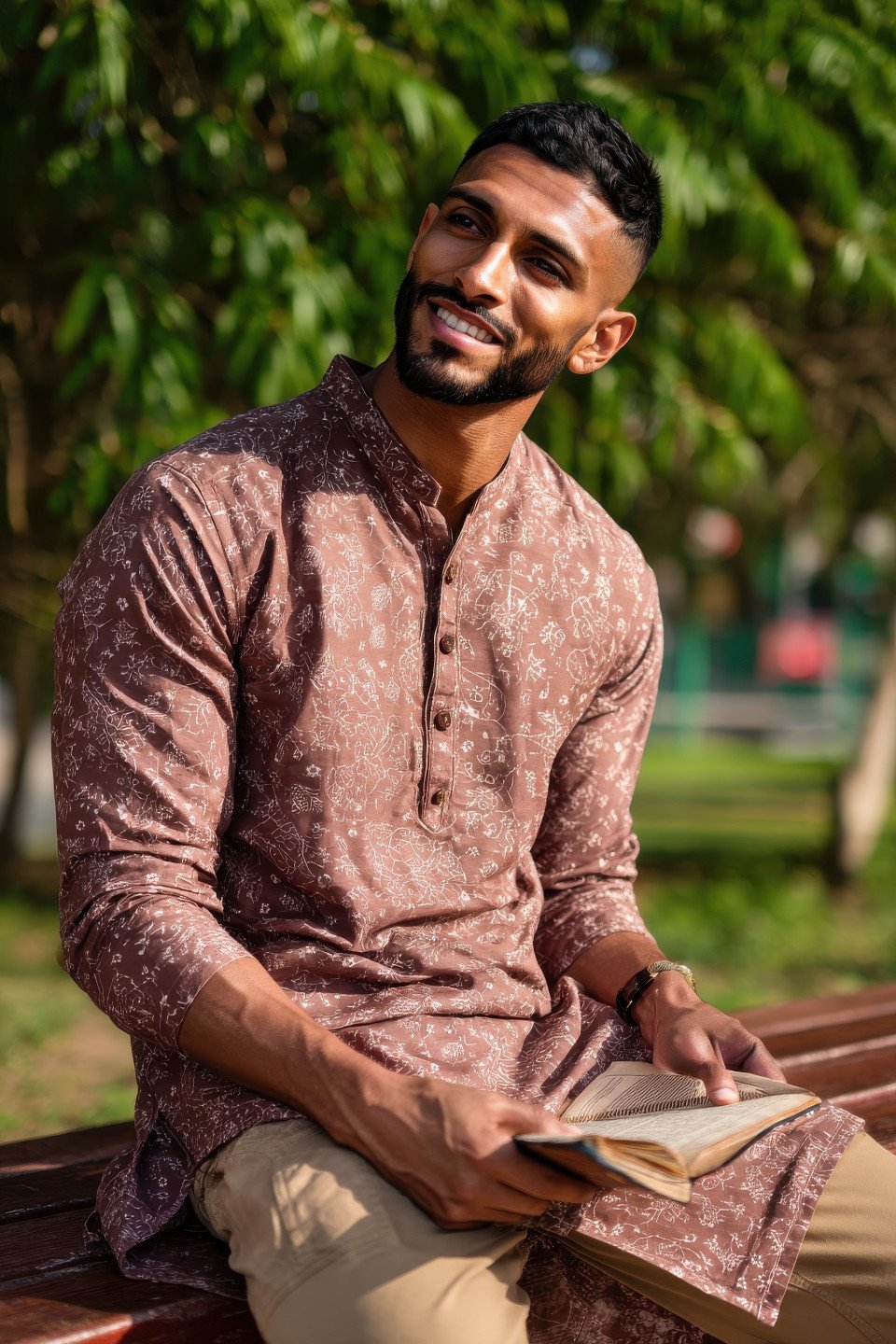 Young man in kurta and chinos sits thoughtfully with a book on park bench under warm light