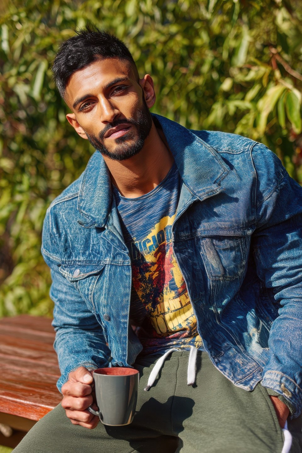 Candid man in denim jacket leans casually with coffee on park bench