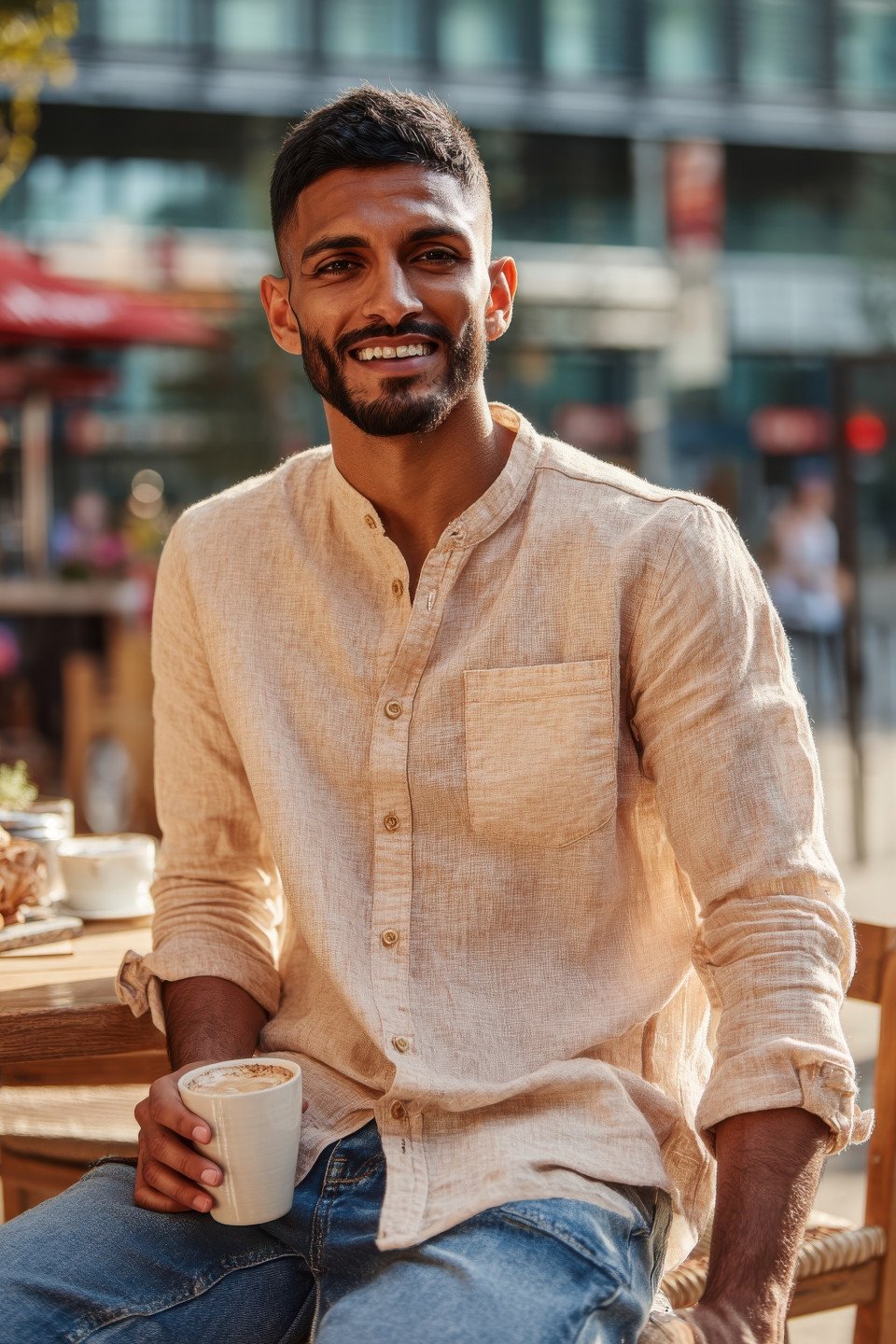 Smiling man in linen shirt sips coffee at café patio in warm daylight