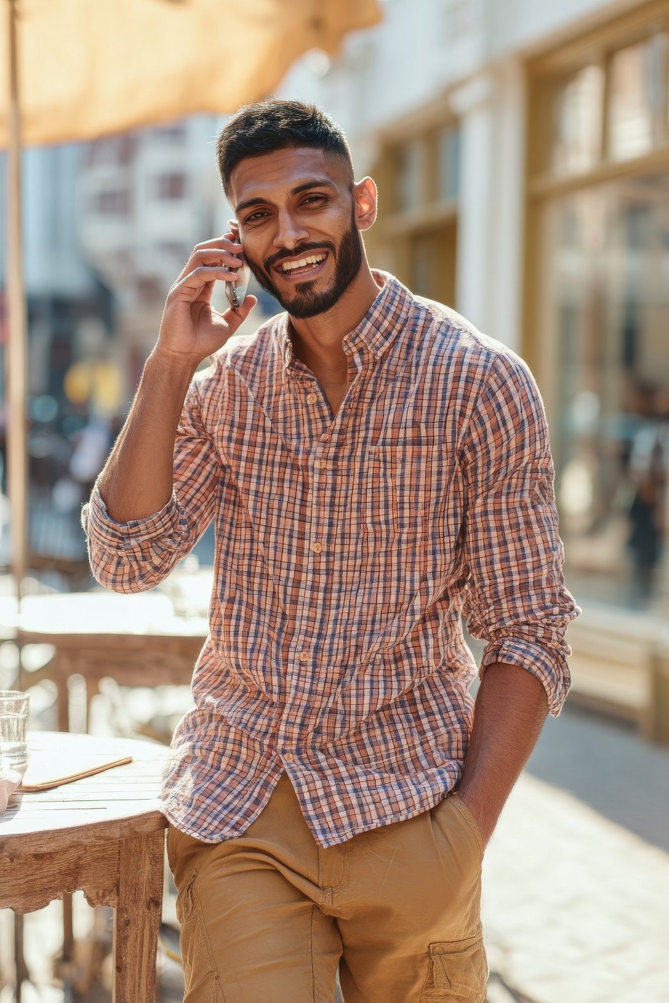 Laughing man in checkered shirt and khakis enjoys phone time at café patio