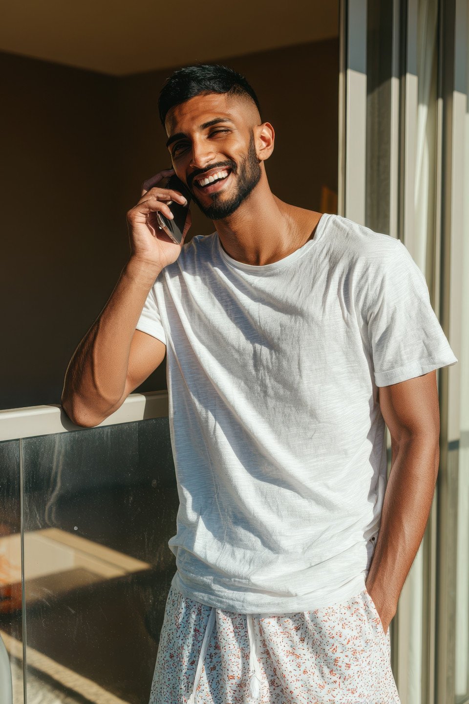Cheerful man in t shirt and lounge pants relaxes on balcony holding phone