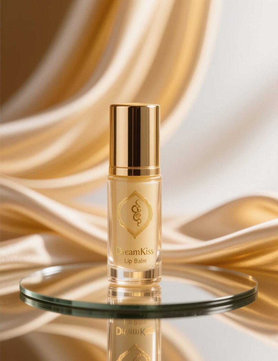 Elegant hair serum bottle on mirror base with golden silk flowing behind